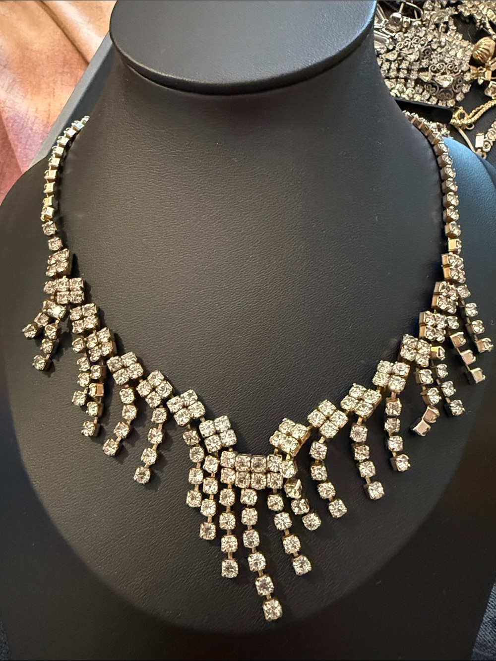 Rhinestone fringe drape Statement Necklace - Silver Tone 15” appx